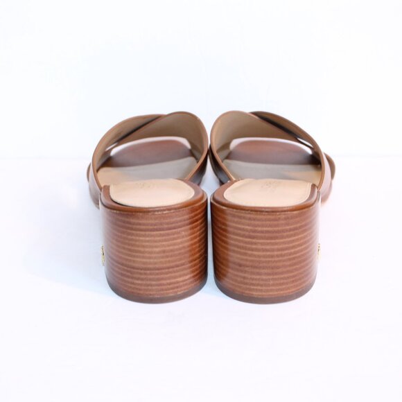 Michael Kors Abbott Tan Leather Cognac Criss Cross Slide Mule Sandal Heel Sz 6 - Picture 8 of 14